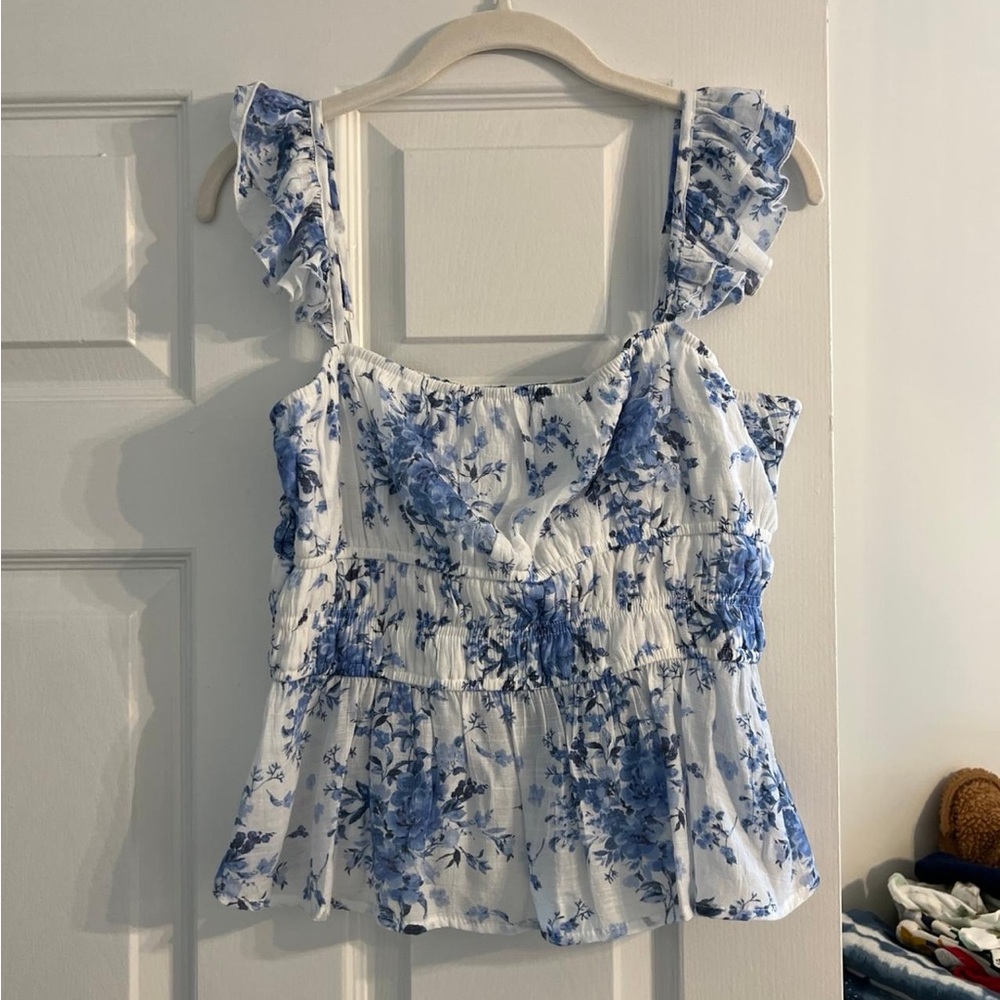 Francesca’s Blue Floral Ruffle Shoulder Top